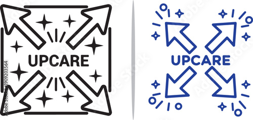 Two vector icons featuring the word "UPCARE" surrounded by four outward-pointing arrows and sparkling stars, representing expansive growth, comprehensive care, and high-quality improvement.