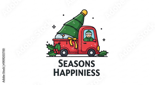 Cartoon man drives red truck with christmas tree on back holly and mistletoe seasons happiness