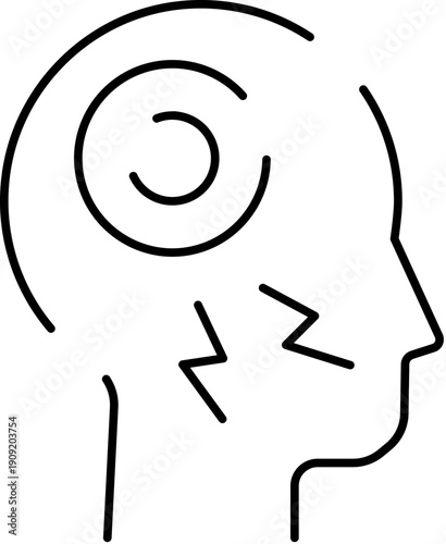 Human head profile illustrating headache, migraine, mental stress, and dizziness with swirling lines and lightning bolt symbols representing pain and confusion