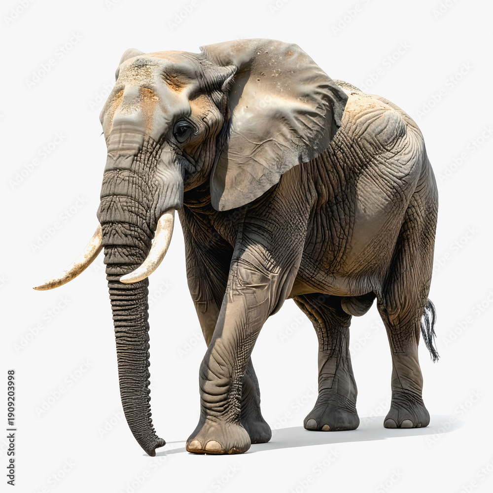Fototapeta premium Majestic African Elephant with Large Tusks Walking on White Background