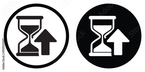 Minimalist hourglass icon with an upward arrow in flat black and white styles. Symbolizes time management, efficiency, progress, and increasing duration for UI/UX design and business apps.