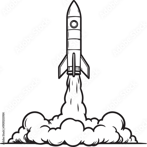 A hand-drawn rocket ship blasts off, propelling itself through a thick cloud of smoke, symbolizing progress and innovation.