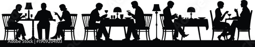 People dining silhouettes at restaurant tables, social conversation and elegant dinner moments, café lifestyle and hospitality concept illustration isolated on white background
