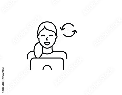 Woman working at laptop and renew arrows. Digital workflow renewal, business cycle, productivity rotation. Pixel perfect, editable stroke vector icon