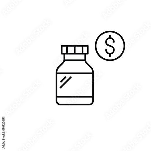 Bottle of pills and dollar. Medication refill and healthcare costs. Pixel perfect, editable stroke vector icon