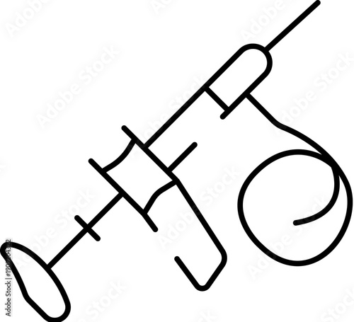 Fishing rod with reel and line in minimalist black and white line art, symbolizing angling, outdoor recreation, hobby and sport for fishing, leisure, travel and nature adventures