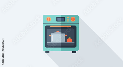 A flat design illustration of a turquoise oven with a pot and apple inside
