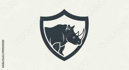 Rhino shield logo with horned animal protection symbol on cream background for security and defense concepts