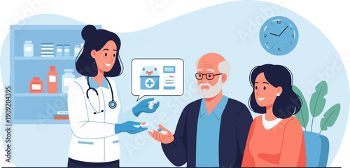A doctor gives pills to an elderly couple in a clinic with shelves of medicine
