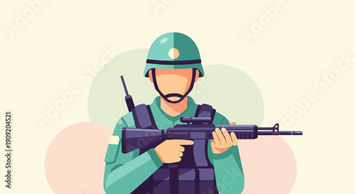 A flat illustration of a soldier in a green uniform holding a rifle