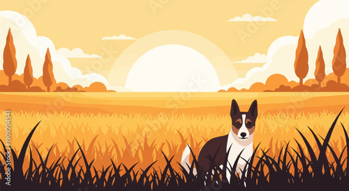 A dog sits in a field of golden grass under a warm sunset sky