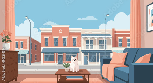 A dog sits on a coffee table in a cozy room overlooking a quaint town street