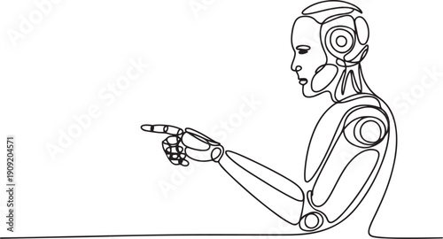 Artificial intelligence robot, continuous one line drawing. Robot hand pointing finger direction.one line icon illustration with white background