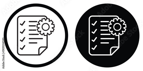 Professional clipboard with checkmarks vector icon. Set in circular frames with contrasting black and white styles. Suitable for business tasks, completed projects, and quality control.