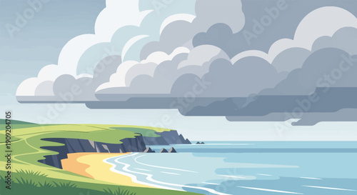 A dramatic cloudy sky looms over a coastal landscape with a sandy beach