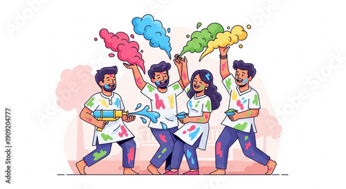 Friends celebrating holi festival with colorful powder joyful people throwing vibrant hues happy group in white t shirts and blue jeans