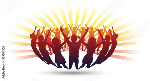 Diverse group of people jumping in celebration with arms raised in front of a vibrant sunburst