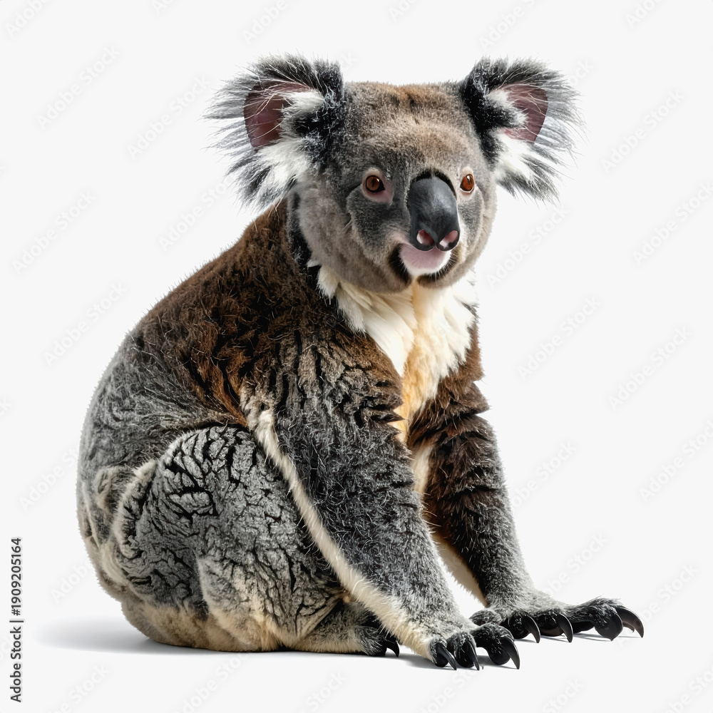 Fototapeta premium Cute Koala Sitting on White Background, Australian Wildlife Portrait