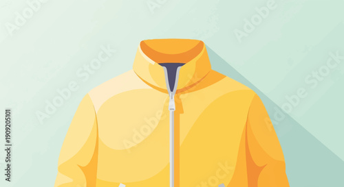 A close-up illustration of a bright yellow jacket with a zipper