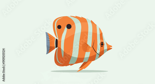 A cartoon-style orange and white striped fish with black eyes swims