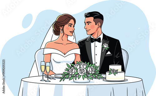 Bride and groom sitting at dinner table during wedding reception