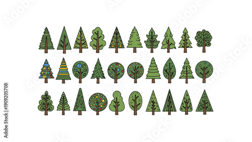 A collection of various green tree silhouettes in different shapes and sizes on a white background