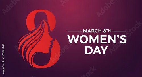 Red graphic design commemorates International Women's Day celebrated annually on March 8th with a stylized female profile within the number eight.