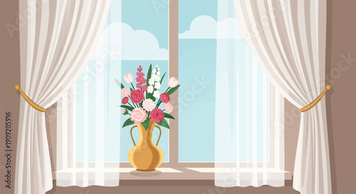 A floral arrangement in a golden vase sits on a windowsill with sheer curtains