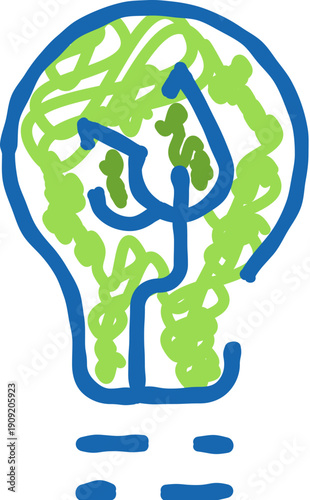 Hand drawn light bulb icon featuring a green tangled mass inside, symbolizing complex thought processes, creative ideas, and innovative solutions emerging from problem solving
