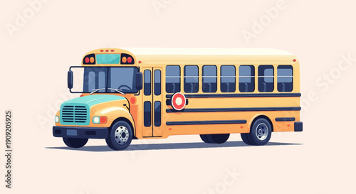 A bright yellow school bus with turquoise accents sits on a light-colored ground