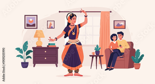 A dancer performs while a couple relaxes in a living room