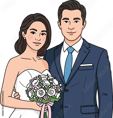 Vector art of a happy asian bride and groom smiling