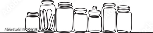 continuous one line drawing of a collection of glass jars for kitchen pantry storage and food preservation.one line icon illustration with white background