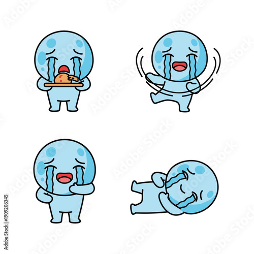 Crying cartoon character expressing sadness and despair in various poses