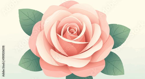 A close-up illustration of a soft pink rose with green leaves against a pale background