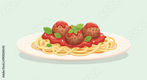 A close-up illustration of spaghetti with meatballs and tomato sauce on a plate