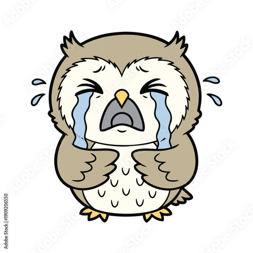 Crying owl cartoon character with tears and sad expression