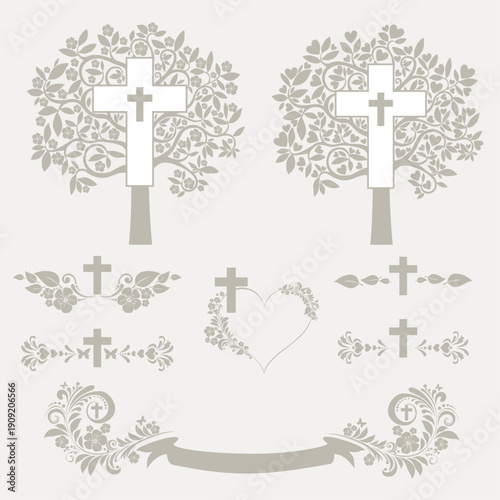 Set of crosses. Christian Symbol.  Ester set, holiday symbols isolated on white background.  Ester holidays decor. Set of colored christian cross icons. Cross. Christian Symbol. Vector illustration 