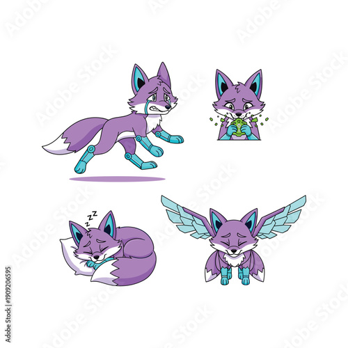 Purple cartoon fox character in various poses with wings and accessories