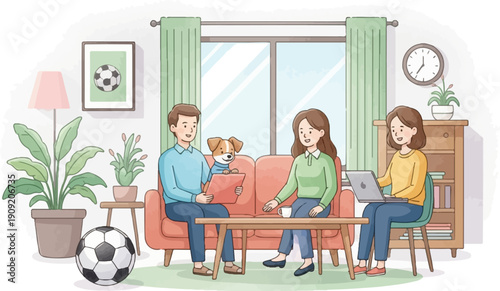 A family and their dog relax in a cozy living room, sharing activities