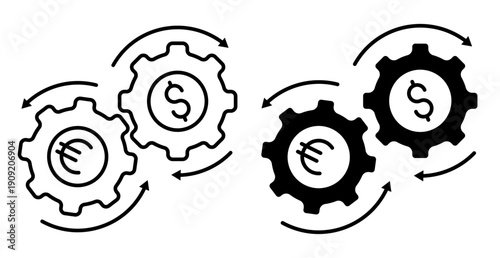 Linear icon. Interlocking gears with dollar and euro symbols rotating in cycles, currency exchange, financial mechanisms and economic circulation. Simple vector isolated on white background