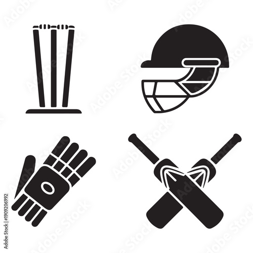 Set of cricket equipment icons including bats helmet stumps and glove