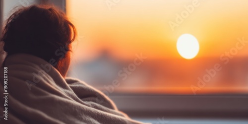 Thoughtful Woman Wrapped in Cozy Blanket Gazing at Golden Sunset from Window Quiet Evening Reflection and Emotional Wellness Lifestyle