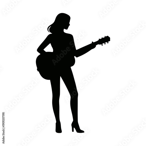 silhouette of a woman playing guitar with white background