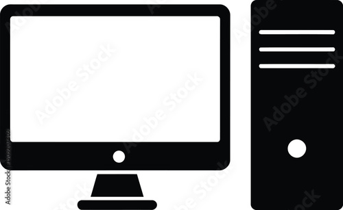 Desktop computer icon with a monitor and a cpu tower isolated.