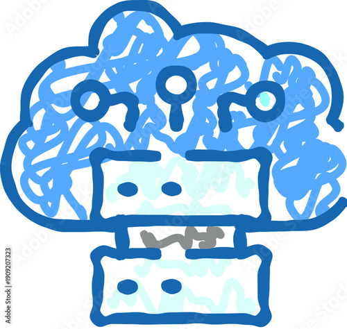 Cloud server center doodle icon illustrating digital data storage, network infrastructure, and web hosting services, representing modern information technology and computing solutions