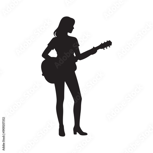 silhouette of a woman playing guitar with white background
