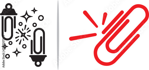 A technical vector set featuring a black paperclip cluster with sparkles and a bold red paperclip with motion lines, symbolizing efficient file organization and fast document management.
