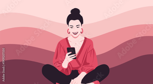 Charming vector illustration of a woman happily using her smartphone, with a soft pink wavy background