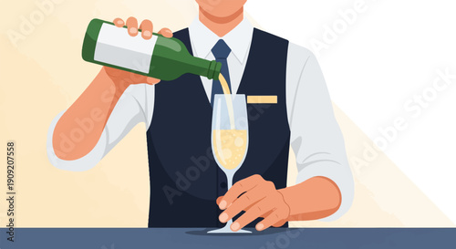 A bartender pours bubbly liquid from a green bottle into a tall glass